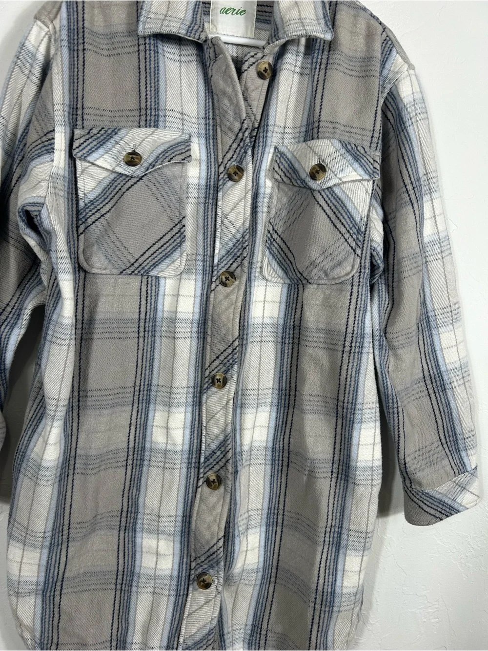 Aerie Oversized Plaid Cotton Flannel Long Shacket Chilly Blue Grey Button Up M